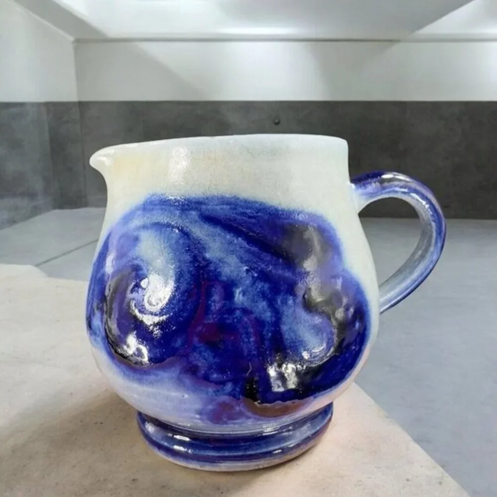 Vintage‎ German Salt Glaze Cobalt Blue Gray Small Pitcher Creamer With Stickers
